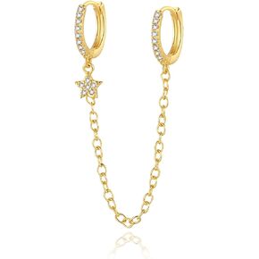 PICKBEAU 925 Sterling Silver 18K Gold Plated Cubic Zirconia Sparkling Layered Huggie Ear Cuff Gold Pearl Earrings for Women | Non Pierced Chain Ear Cartilage Clip on Wrap Earrings Helix Cuffs
