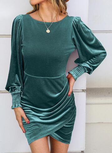 فستان YIJIU نسائي طويل الأكمام من المخمل ورقبة دائرية وقصة ضيقة مكشكشة وحفلات الكوكتيل وحفلات الكوكتيل القصيرة in Kuwait