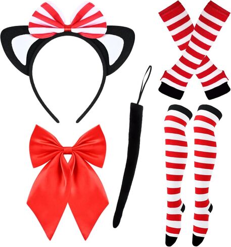 Matiniy 5 PCS Cat Costume Set Include Cat Headband Bow Tail Gloves Knee Socks Tie for Women Girls Halloween Cosplay in Saudi Arabia