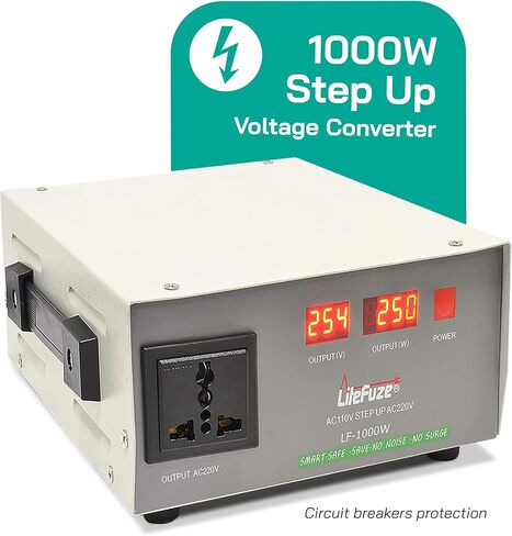 LiteFuze 5000 Watt محول الجهد الكهربي خطوة لأعلى / لأسفل - 110 فولت إلى 220 فولت / 220 فولت إلى 110 فولت محول طاقة - سلك مؤرض بالكامل في الولايات المتحدة الأمريكية - مقبس مخرج عالمي، 2 منافذ أمريكية - معتمدة من CE in Kuwait