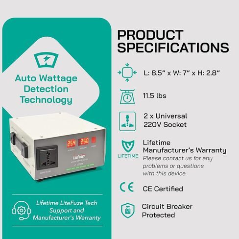 LiteFuze 5000 Watt محول الجهد الكهربي خطوة لأعلى / لأسفل - 110 فولت إلى 220 فولت / 220 فولت إلى 110 فولت محول طاقة - سلك مؤرض بالكامل في الولايات المتحدة الأمريكية - مقبس مخرج عالمي، 2 منافذ أمريكية - معتمدة من CE in Kuwait