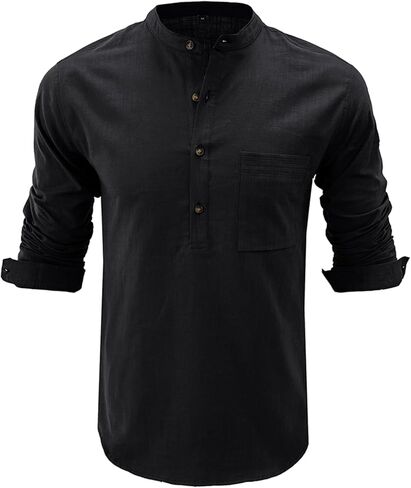 تي شيرت رجالي من القطن والكتان هينلي بأكمام قصيرة كاجوال للصيف والشاطئ، تي شيرت هيبي بلوزة تي شيرت in Kuwait