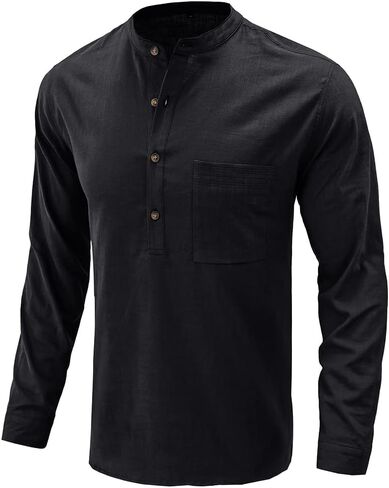 تي شيرت رجالي من القطن والكتان هينلي بأكمام قصيرة كاجوال للصيف والشاطئ، تي شيرت هيبي بلوزة تي شيرت in Kuwait