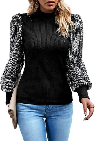 Women's Sequin Tops Sparkly Glitter Blouses Sequined Balloon Long Sleeve Shirts Shimmer Dressy Tops for Party Clubwear in Kuwait