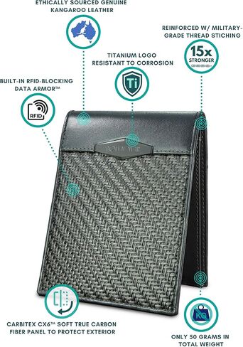 كولد فاير محفظة تكتيكية من الياف الكربون مع نافذة لبطاقة الهوية للرجال - محفظة مصنوعة يدويا من جلد كيه الاصلي للرجال نحيفة للغاية ثنائية الطي مع حجب تقنية تحديد الهوية بموجات الراديو. هدية للرجال. in Kuwait