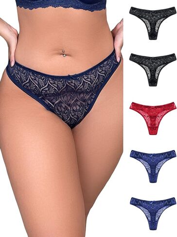 ملابس داخلية نسائية من WDIRARA بمقاس كبير مكونة من 5 قطع من الدانتيل بخصر عالٍ شفافة من خلال الملابس الداخلية in Kuwait