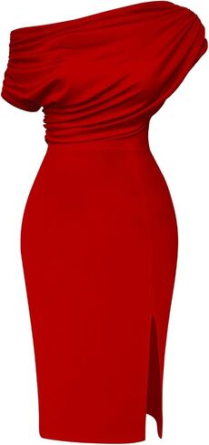فستان Memoriesea النسائي الأنيق بدون أكتاف وحاشية مقسمة Bodycon Ruched Midi Club Party in Kuwait