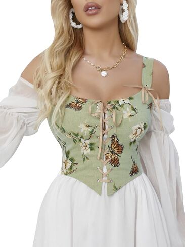 SOLY HUX Women's Butterfly Floral Print Overbust Corset Cami Top Lace up Bustier Bodyshaper Tops in Saudi Arabia