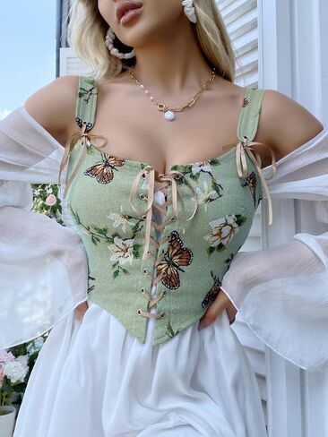 SOLY HUX Women's Butterfly Floral Print Overbust Corset Cami Top Lace up Bustier Bodyshaper Tops in Saudi Arabia