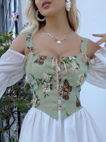SOLY HUX Women's Butterfly Floral Print Overbust Corset Cami Top Lace up Bustier Bodyshaper Tops in Saudi Arabia
