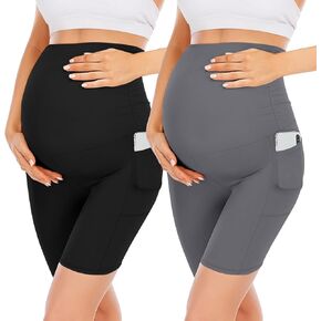 YOLIX مجموعة من 2 شورت للحمل فوق البطن، شورت أسود عالي الخصر للتمرين مقاس 8 بوصات مع جيوب in Kuwait