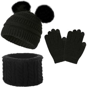 مجموعة قفازات وشاح قبعة شتوية للأطفال الصغار، قبعة محبوكة مبطنة بالصوف للأولاد والبنات مع قبعة بوم بوم مع تدفئة للرقبة وقفازات in Kuwait