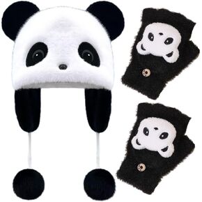 الباندا القطيفة قبعة الصياد في الهواء الطلق الدافئة غطاء حماية الاذن للنساء الفتات بوم الرباط رقيق يغطي الاذن متماسكة قبعة الشتاء الجمالية الدافئة القبعات + الباندا نصف اصبع الطالب الكتابة الوجه قفازات الاستخدام المزدوج in Kuwait