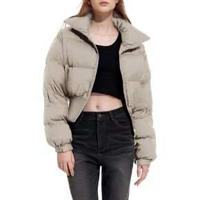 سترة VAOYIU النسائية القصيرة المنتفخة بسحاب وياقة واقفة معطف شتوي مبطن مع جيوب in Kuwait