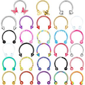 28 قطعة من حلقات الحاجز الانفي 16 غرام للنساء من اوغفو، اقراط ثقب الانف والشفاه، مجوهرات ثقب الانف على شكل حدوة حصان، اقراط لا تسبب الحساسية من الستانلس ستيل 10 ملم، ستانلس ستيل، زركونيا مكعب, ستانلس in Kuwait