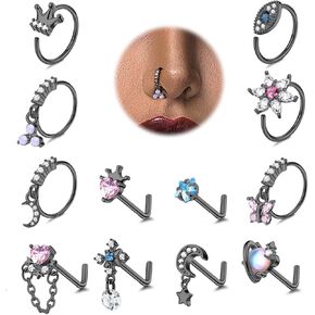 FUNRUN JEWELRY 12 قطعة 20 جرام حلقات الأنف المتدلية للنساء من الفولاذ المقاوم للصدأ مسمار الأنف على شكل حرف L حلقة الأنف الأطواق فراشة القمر زهرة تاج العين الشريرة تشيكوسلوفاكيا المتدلية ثقب الأنف المجوهرات in Kuwait