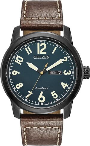 Citizen Men's Eco-Drive Weekender Garrison Field Watch in Black IP Stainless Steel with Brown Leather strap, Navy Dial (Model: BM8478-01L) in Saudi Arabia
