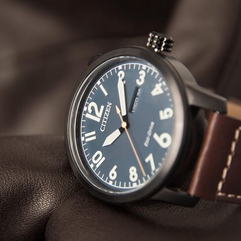 Citizen Men's Eco-Drive Weekender Garrison Field Watch in Black IP Stainless Steel with Brown Leather strap, Navy Dial (Model: BM8478-01L) in Saudi Arabia