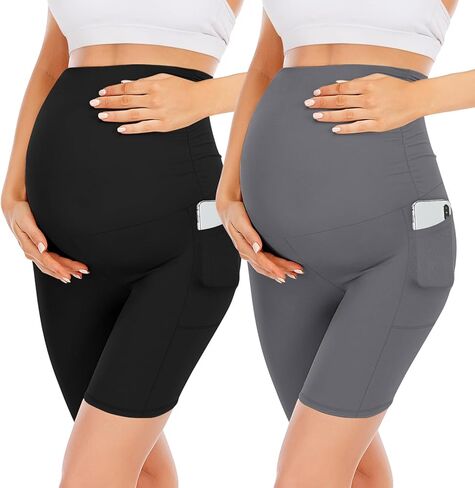 YOLIX مجموعة من 2 شورت للحمل فوق البطن، شورت أسود عالي الخصر للتمرين مقاس 8 بوصات مع جيوب in Kuwait