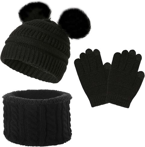 مجموعة قفازات وشاح قبعة شتوية للأطفال الصغار، قبعة محبوكة مبطنة بالصوف للأولاد والبنات مع قبعة بوم بوم مع تدفئة للرقبة وقفازات in Kuwait