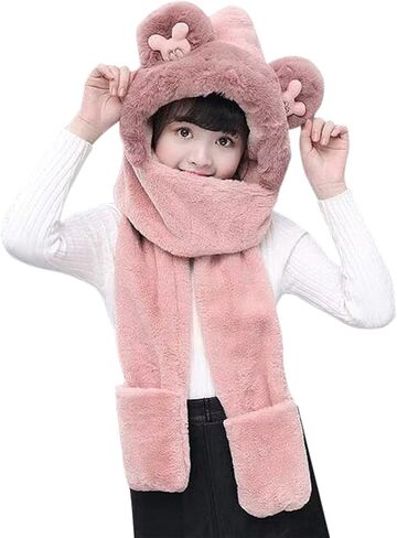 طفل الحيوان مقنعين وشاح فتاة الشتاء الصياد قبعة مع إيرفلاب 3 في 1 لطيف الدب أرنب قبعة الأطفال أفخم جيب قفازات مجموعة in Kuwait