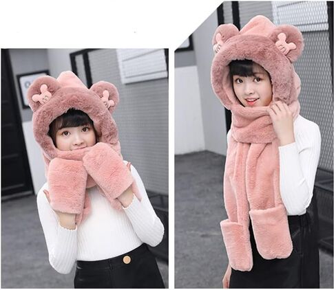 طفل الحيوان مقنعين وشاح فتاة الشتاء الصياد قبعة مع إيرفلاب 3 في 1 لطيف الدب أرنب قبعة الأطفال أفخم جيب قفازات مجموعة in Kuwait