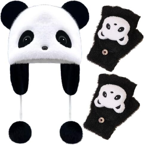 الباندا القطيفة قبعة الصياد في الهواء الطلق الدافئة غطاء حماية الاذن للنساء الفتات بوم الرباط رقيق يغطي الاذن متماسكة قبعة الشتاء الجمالية الدافئة القبعات + الباندا نصف اصبع الطالب الكتابة الوجه قفازات الاستخدام المزدوج in Kuwait