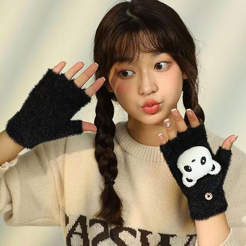الباندا القطيفة قبعة الصياد في الهواء الطلق الدافئة غطاء حماية الاذن للنساء الفتات بوم الرباط رقيق يغطي الاذن متماسكة قبعة الشتاء الجمالية الدافئة القبعات + الباندا نصف اصبع الطالب الكتابة الوجه قفازات الاستخدام المزدوج in Kuwait