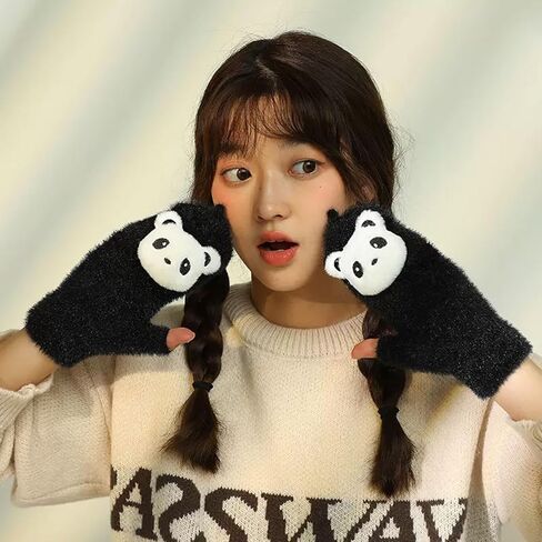 الباندا القطيفة قبعة الصياد في الهواء الطلق الدافئة غطاء حماية الاذن للنساء الفتات بوم الرباط رقيق يغطي الاذن متماسكة قبعة الشتاء الجمالية الدافئة القبعات + الباندا نصف اصبع الطالب الكتابة الوجه قفازات الاستخدام المزدوج in Kuwait