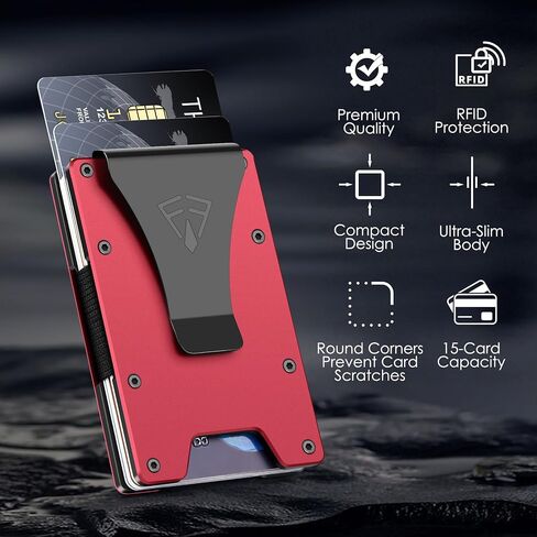 FirstVIP Slim Wallet for Men - Front Pocket RFID Blocking Minimalist Wallet for Men - Metal Card Wallet With Money Clip for Men (Red), metal red, Minimalist in Kuwait