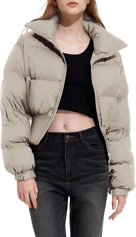 سترة VAOYIU النسائية القصيرة المنتفخة بسحاب وياقة واقفة معطف شتوي مبطن مع جيوب in Kuwait