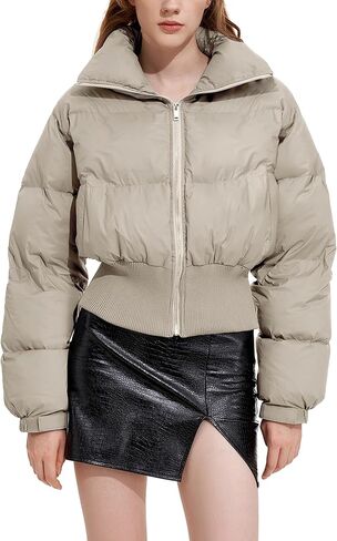 سترة VAOYIU النسائية القصيرة المنتفخة بسحاب وياقة واقفة معطف شتوي مبطن مع جيوب in Kuwait