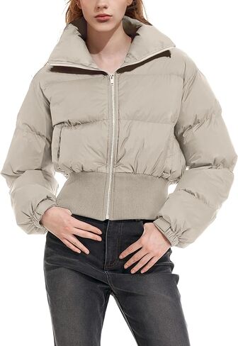 سترة VAOYIU النسائية القصيرة المنتفخة بسحاب وياقة واقفة معطف شتوي مبطن مع جيوب in Kuwait