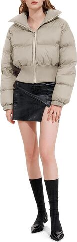 سترة VAOYIU النسائية القصيرة المنتفخة بسحاب وياقة واقفة معطف شتوي مبطن مع جيوب in Kuwait