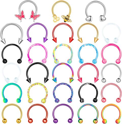 28 قطعة من حلقات الحاجز الانفي 16 غرام للنساء من اوغفو، اقراط ثقب الانف والشفاه، مجوهرات ثقب الانف على شكل حدوة حصان، اقراط لا تسبب الحساسية من الستانلس ستيل 10 ملم، ستانلس ستيل، زركونيا مكعب, ستانلس in Kuwait