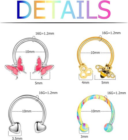 28 قطعة من حلقات الحاجز الانفي 16 غرام للنساء من اوغفو، اقراط ثقب الانف والشفاه، مجوهرات ثقب الانف على شكل حدوة حصان، اقراط لا تسبب الحساسية من الستانلس ستيل 10 ملم، ستانلس ستيل، زركونيا مكعب, ستانلس in Kuwait