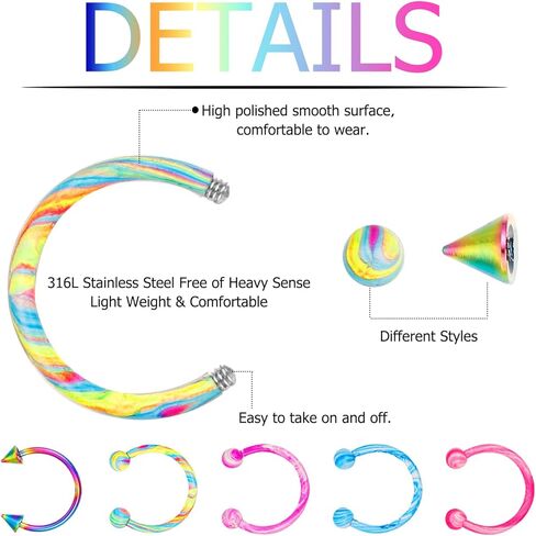 28 قطعة من حلقات الحاجز الانفي 16 غرام للنساء من اوغفو، اقراط ثقب الانف والشفاه، مجوهرات ثقب الانف على شكل حدوة حصان، اقراط لا تسبب الحساسية من الستانلس ستيل 10 ملم، ستانلس ستيل، زركونيا مكعب, ستانلس in Kuwait