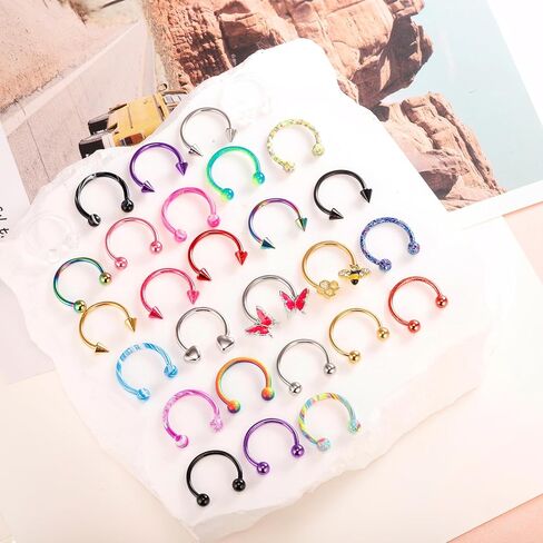 28 قطعة من حلقات الحاجز الانفي 16 غرام للنساء من اوغفو، اقراط ثقب الانف والشفاه، مجوهرات ثقب الانف على شكل حدوة حصان، اقراط لا تسبب الحساسية من الستانلس ستيل 10 ملم، ستانلس ستيل، زركونيا مكعب, ستانلس in Kuwait