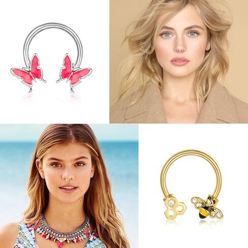 28 قطعة من حلقات الحاجز الانفي 16 غرام للنساء من اوغفو، اقراط ثقب الانف والشفاه، مجوهرات ثقب الانف على شكل حدوة حصان، اقراط لا تسبب الحساسية من الستانلس ستيل 10 ملم، ستانلس ستيل، زركونيا مكعب, ستانلس in Kuwait