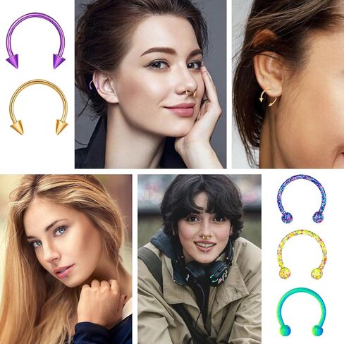 28 قطعة من حلقات الحاجز الانفي 16 غرام للنساء من اوغفو، اقراط ثقب الانف والشفاه، مجوهرات ثقب الانف على شكل حدوة حصان، اقراط لا تسبب الحساسية من الستانلس ستيل 10 ملم، ستانلس ستيل، زركونيا مكعب, ستانلس in Kuwait