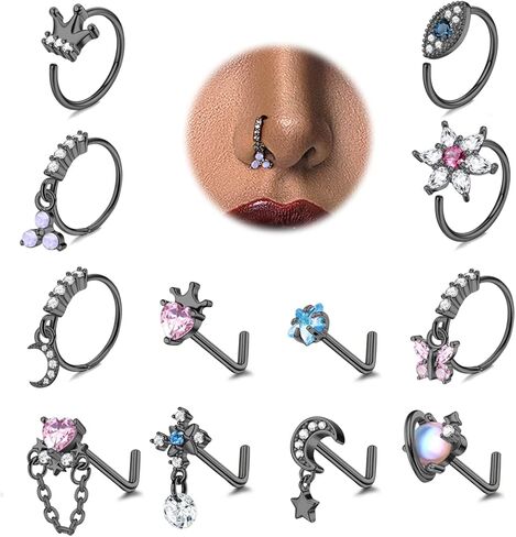 FUNRUN JEWELRY 12 قطعة 20 جرام حلقات الأنف المتدلية للنساء من الفولاذ المقاوم للصدأ مسمار الأنف على شكل حرف L حلقة الأنف الأطواق فراشة القمر زهرة تاج العين الشريرة تشيكوسلوفاكيا المتدلية ثقب الأنف المجوهرات in Kuwait