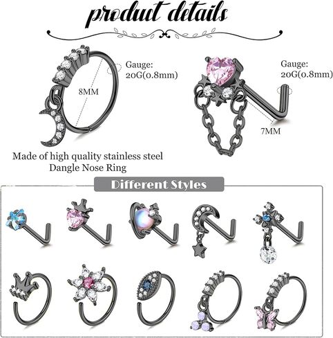 FUNRUN JEWELRY 12 قطعة 20 جرام حلقات الأنف المتدلية للنساء من الفولاذ المقاوم للصدأ مسمار الأنف على شكل حرف L حلقة الأنف الأطواق فراشة القمر زهرة تاج العين الشريرة تشيكوسلوفاكيا المتدلية ثقب الأنف المجوهرات in Kuwait