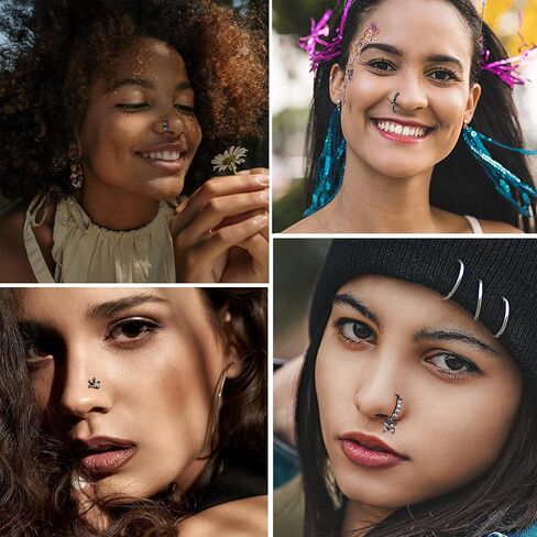 FUNRUN JEWELRY 12 قطعة 20 جرام حلقات الأنف المتدلية للنساء من الفولاذ المقاوم للصدأ مسمار الأنف على شكل حرف L حلقة الأنف الأطواق فراشة القمر زهرة تاج العين الشريرة تشيكوسلوفاكيا المتدلية ثقب الأنف المجوهرات in Kuwait