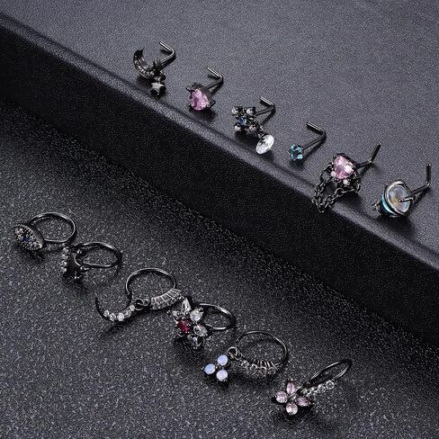 FUNRUN JEWELRY 12 قطعة 20 جرام حلقات الأنف المتدلية للنساء من الفولاذ المقاوم للصدأ مسمار الأنف على شكل حرف L حلقة الأنف الأطواق فراشة القمر زهرة تاج العين الشريرة تشيكوسلوفاكيا المتدلية ثقب الأنف المجوهرات in Kuwait
