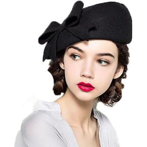 Vintage Bowknot Wool Felt French Beret with Veil Fascinator Pillbox Hats Cocktail Party Wedding Church Fedora