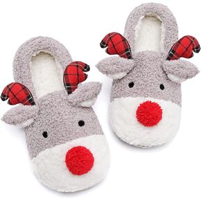 ASHION Women's Christmas Slippers Cute Fuzzy Reindeer House Slippers Stuffed Animal Bedroom Slippers Cozy Indoor Shoes
