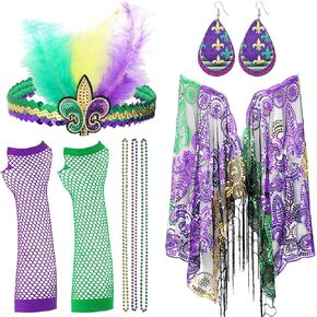 Jadive 8 Pcs Mardi Gras Costume Women Accessories Set Mardi Gras Poncho Shawl Mardi Gras Beads Necklaces Feather Headband Dangle Earrings Fingerless Fishnet Gloves for Party Favor Parade Accessory in Saudi Arabia