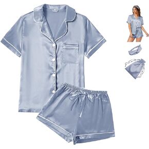 طقم بيجامة نسائي من WJing Yi Jia مكون من 4 قطع من الساتان وحريري وأكمام قصيرة وقميص XS-4XL طقم بيجامات مزين بالزهور ملابس نوم ناعمة من PJ