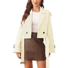 Xuehaya Womens Cropped Trench Coat Double Breasted Long Sleeve Casual Jacket Coats with Belt