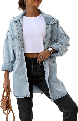 Saodimallsu Women's Oversized Denim Jackets Casual Button Down Long Boyfriend Jean Coats with Pockets in Kuwait